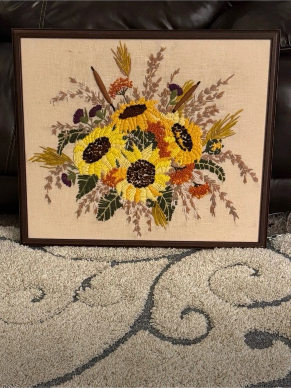 Large 30" × 23" Vintage Crewel Embroidery Sunflower Bouquet -Framed